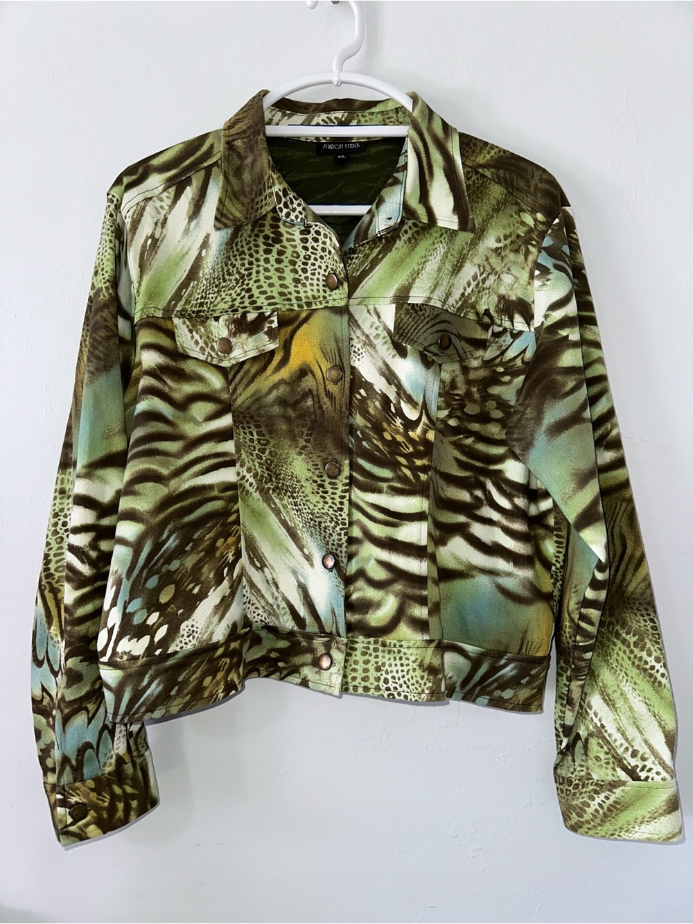 Vintage Abstract Animal-Print Green Button-Front Jacket
